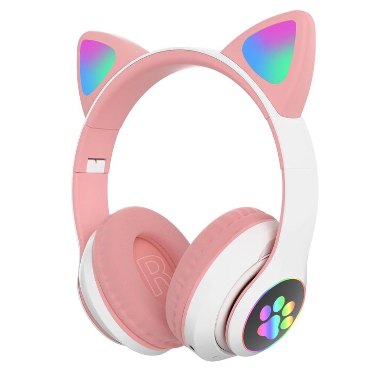 Foney Draadloze kinder bluetooth 5.0 hoofdtelefoon cat-ear – Roze-wit