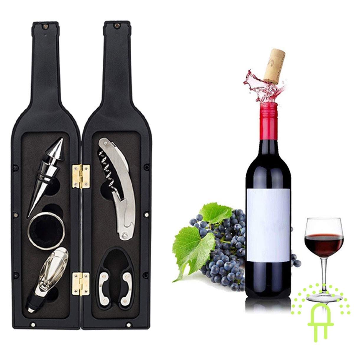 Luxe Wijn accessoire set voor de fijnproever in Luxe geschenk verpakking. Met Kelner mes, Folie snijder, Luxe Dop, Schenk Trechter, Flessenring (wijndruppelvanger),